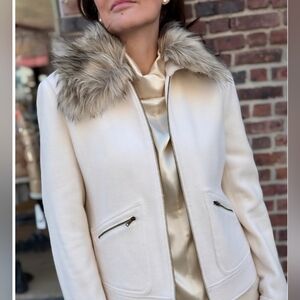 NWT Lauren Ralph Lauren Cream Wool Jacket Removable Faux Fur Collar Small Zip